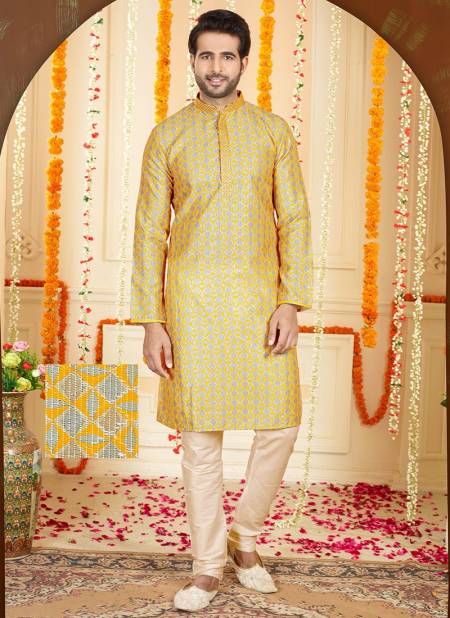 Yellow Colour New Festive Wear Heavy Designer Digital Print Kurta Mens Collection GL-KP-1